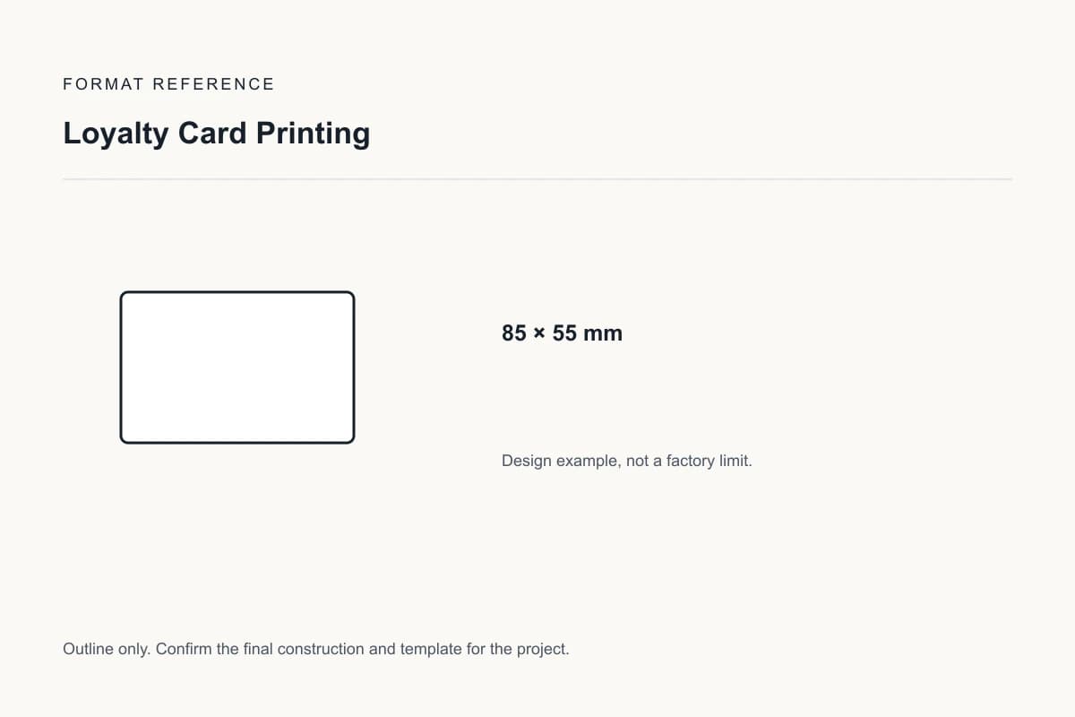 Reference format for loyalty card printing: 85 × 55 mm; design example, not a production dieline