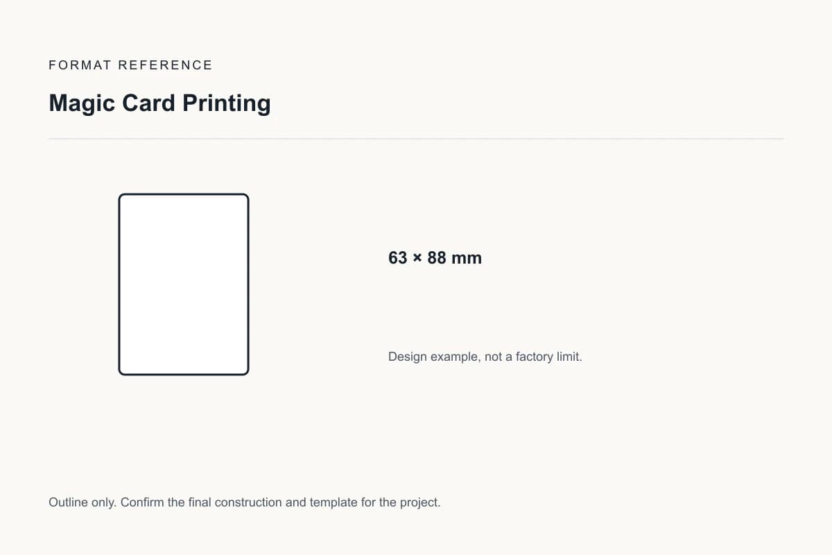 Reference format for magic card printing: 63 × 88 mm; design example, not a production dieline