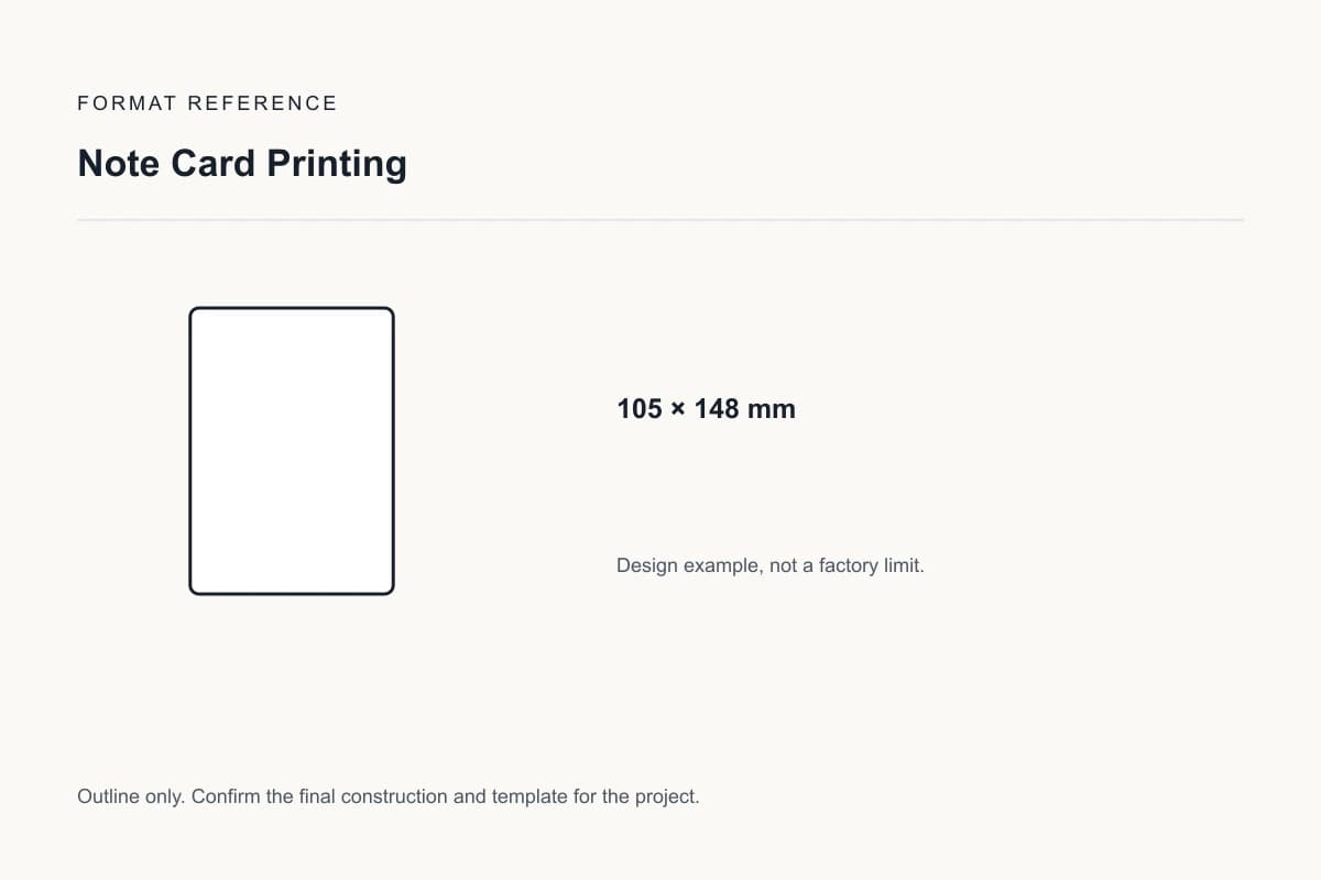 Reference format for note card printing: 105 × 148 mm; design example, not a production dieline