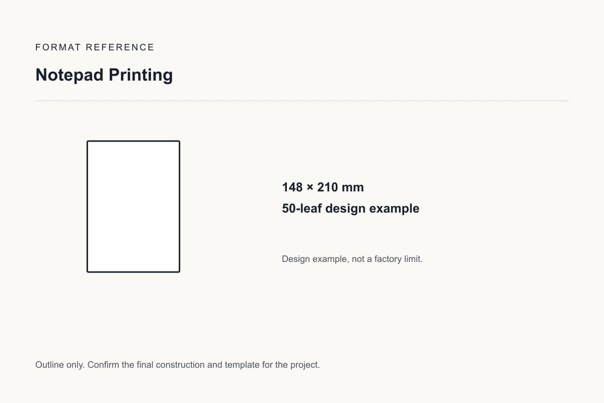 Reference format for notepad printing: 148 × 210 mm; 50-leaf design example; design example, not a production dieline