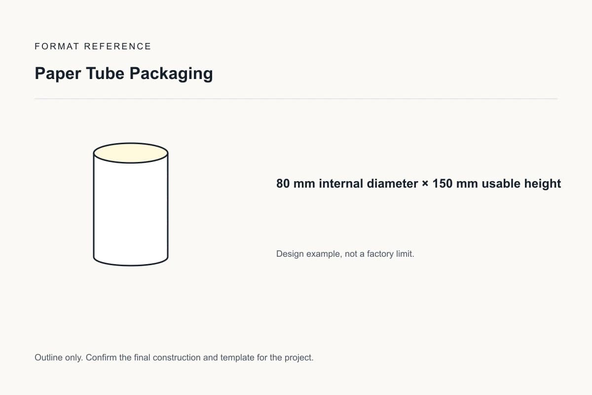 Reference format for paper tube packaging: 80 mm internal diameter × 150 mm usable height; design example, not a production dieline