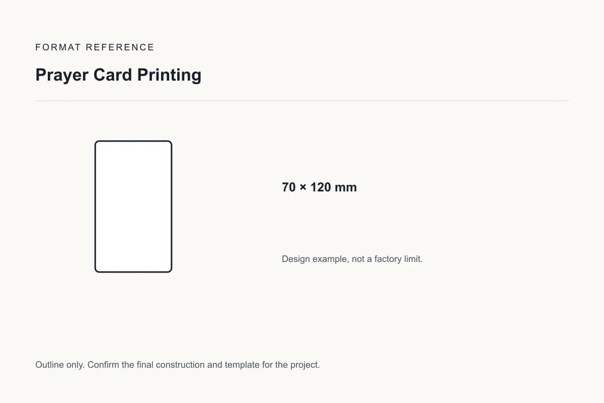 Reference format for prayer card printing: 70 × 120 mm; design example, not a production dieline