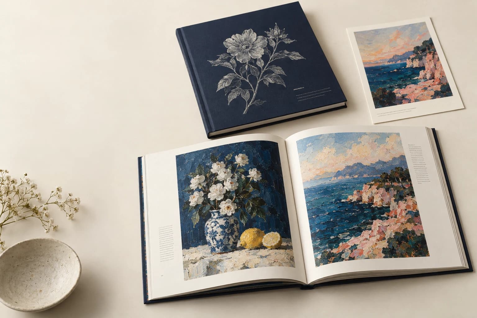 Illustrative Art Book: Fine brush marks, neutral image borders, sewn gutter and substantial printed paper.