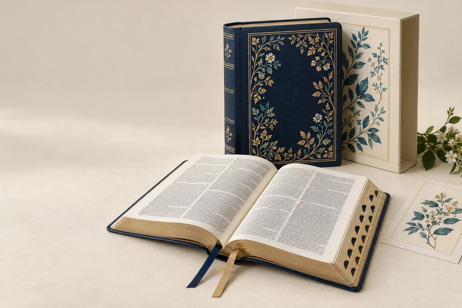 Illustrative Bible: Thumb-index cuts, two ribbon markers, dense two-column print and thin translucent leaves.