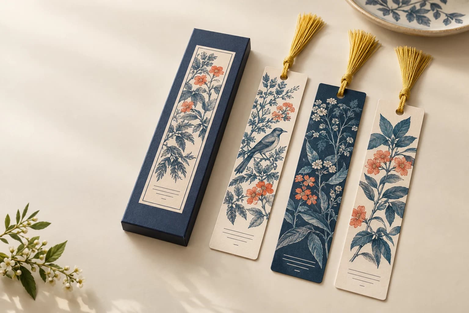Illustrative Bookmark: Slender card proportions, clean trim, durable hole margin and fine printed illustration.