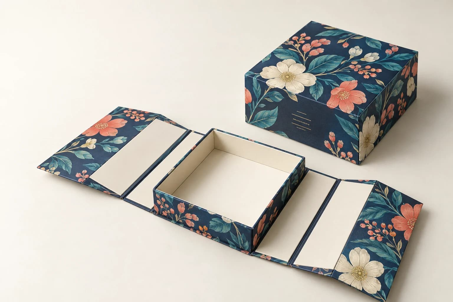 Illustrative Collapsible Rigid Box: Recognizable flat-pack hinges, attached panels, erected rigid cavity and matching printed wraps.