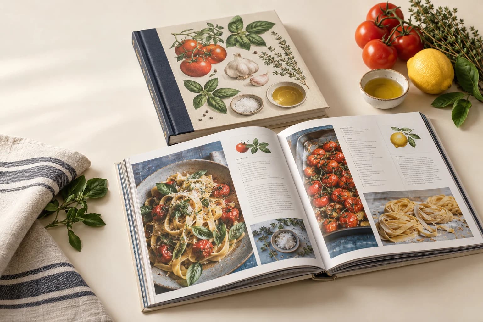 Illustrative Cookbook: Vivid printed food photos, readable layout texture, open spread and protective cover surface.