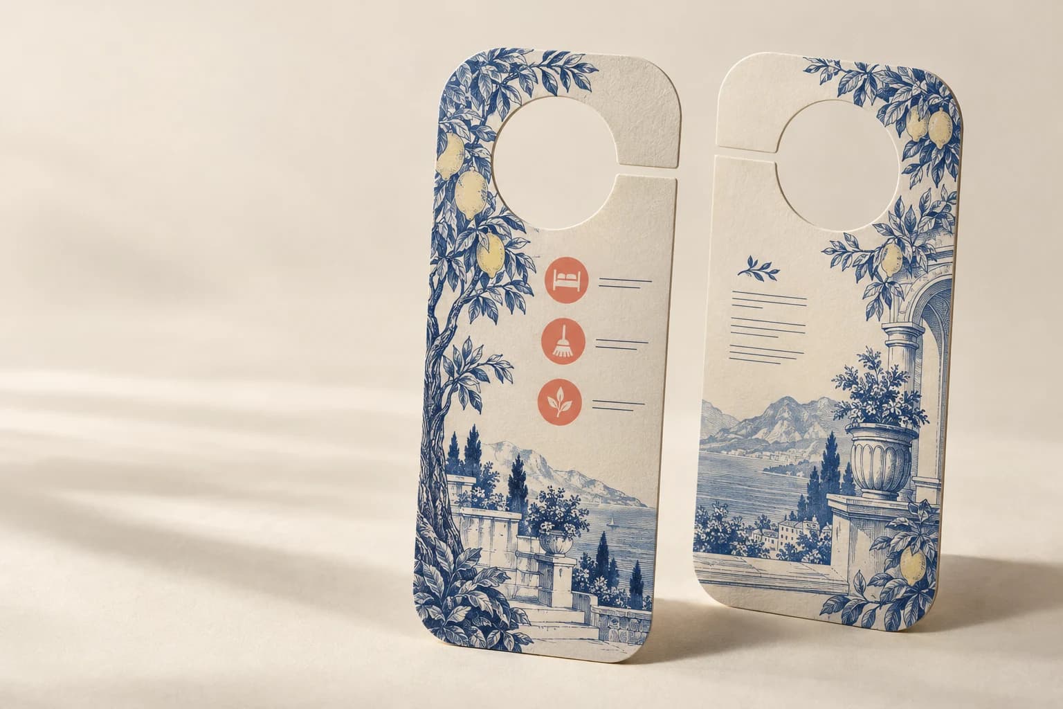 Illustrative Door Hanger: Real die-cut hole and access slit, adequate neck width and double-sided printed card.