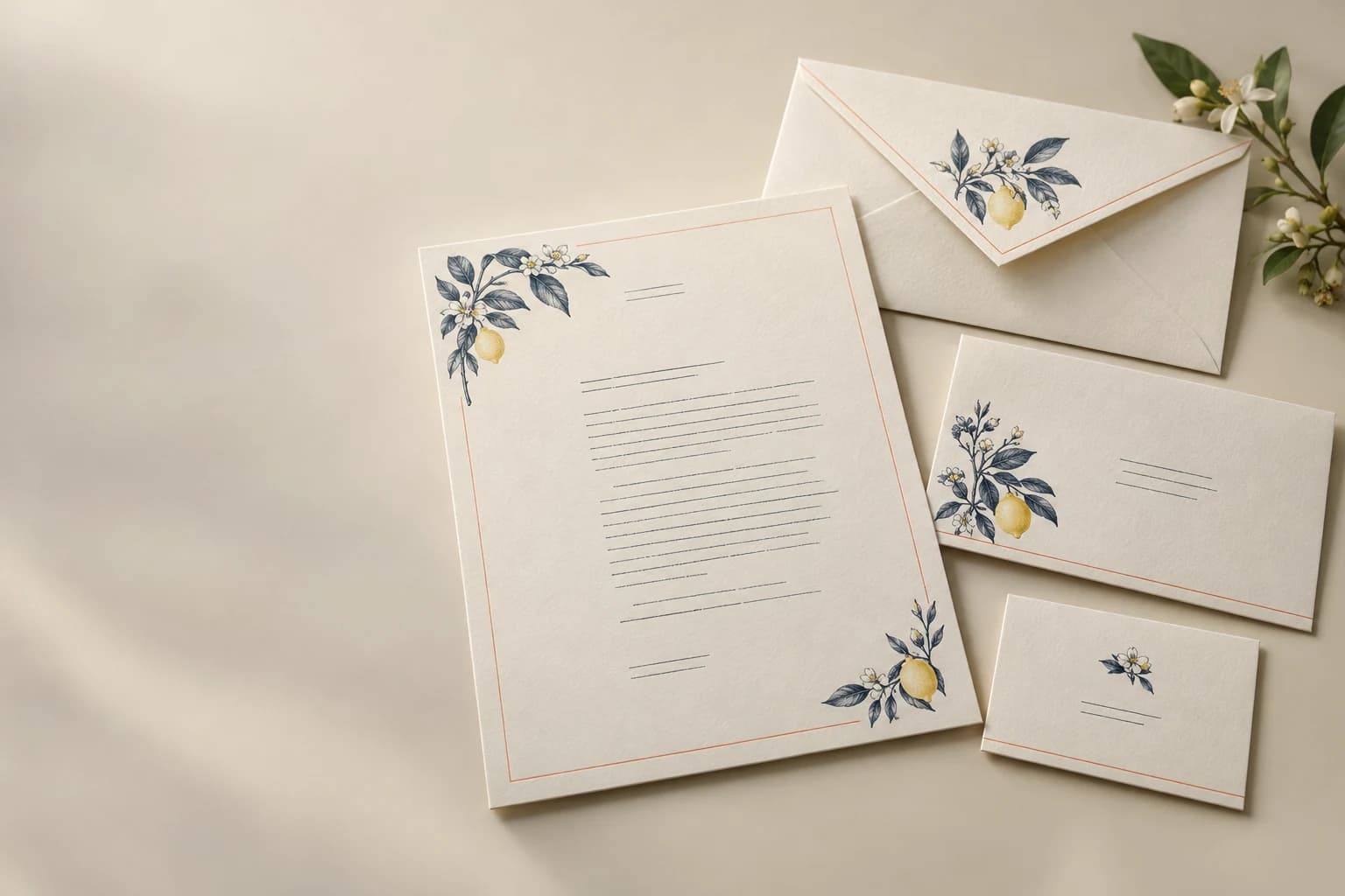 Illustrative Envelope & Letterhead: Matching printed stationery details, proper envelope folds and usable letter writing area.