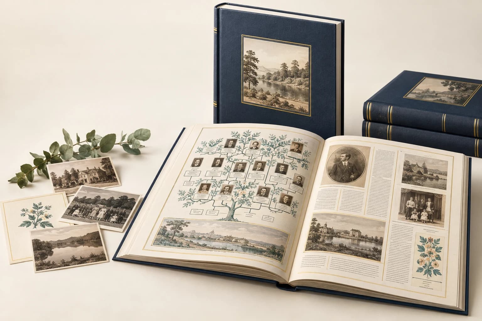 Illustrative Family History Book: Distinct portrait reproductions, branching tree lines and the layout near the gutter.