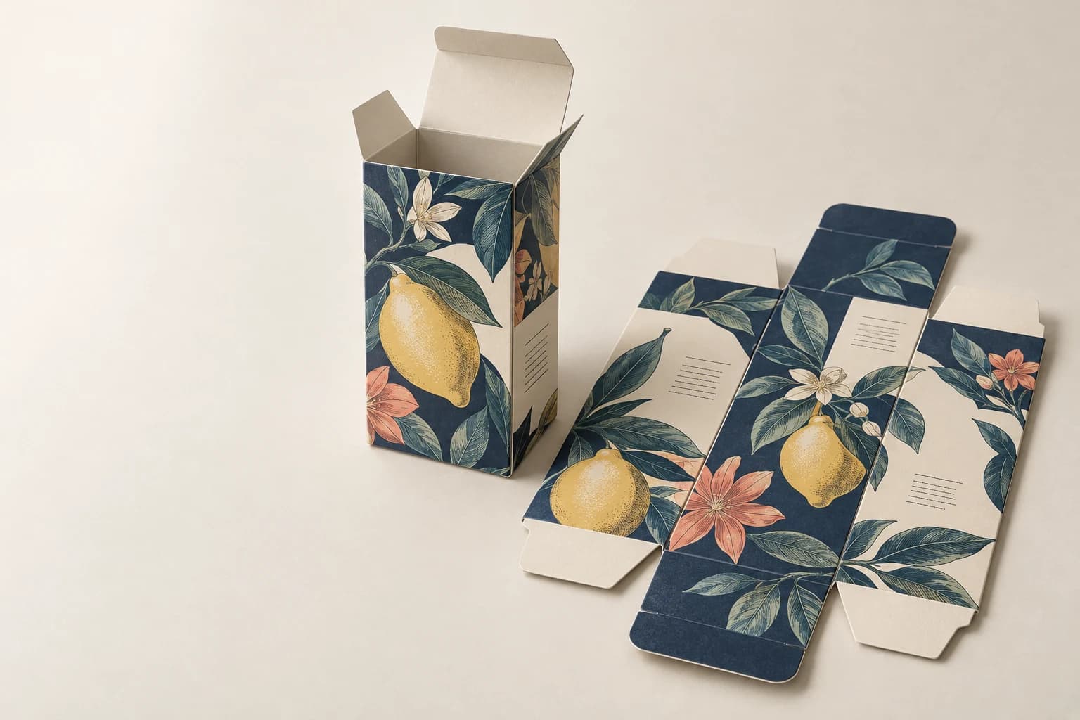 Illustrative Folding Carton: True thin paperboard, tuck flaps, scored fold lines and single glue seam with matching print panels.