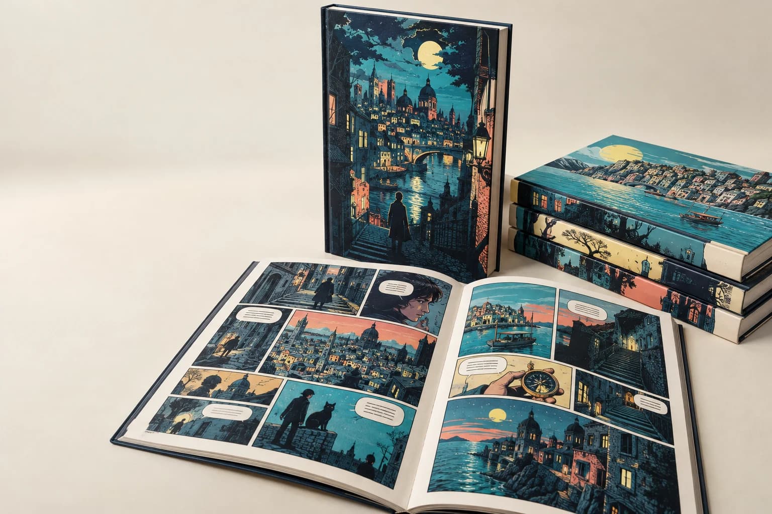 Illustrative Graphic Novel: Sharp panel borders, controlled dark ink, printed color and clear gutter transitions.