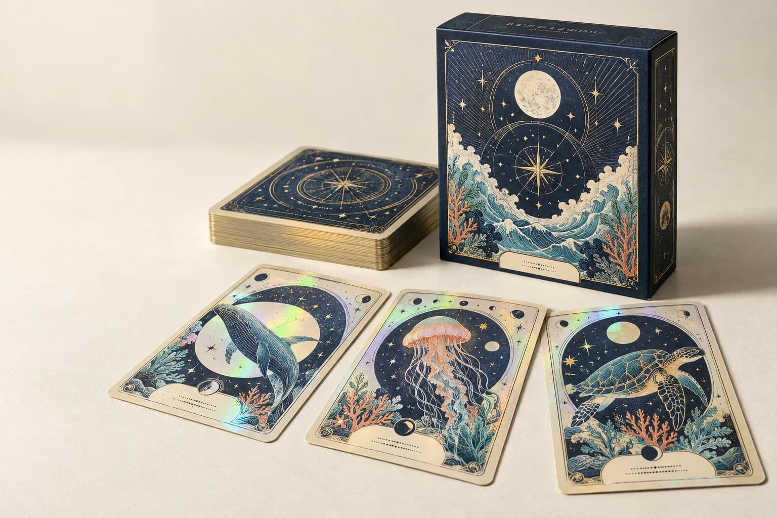 Illustrative Holographic Card: Angle-dependent rainbow reflection clearly bounded around opaque readable printed regions.