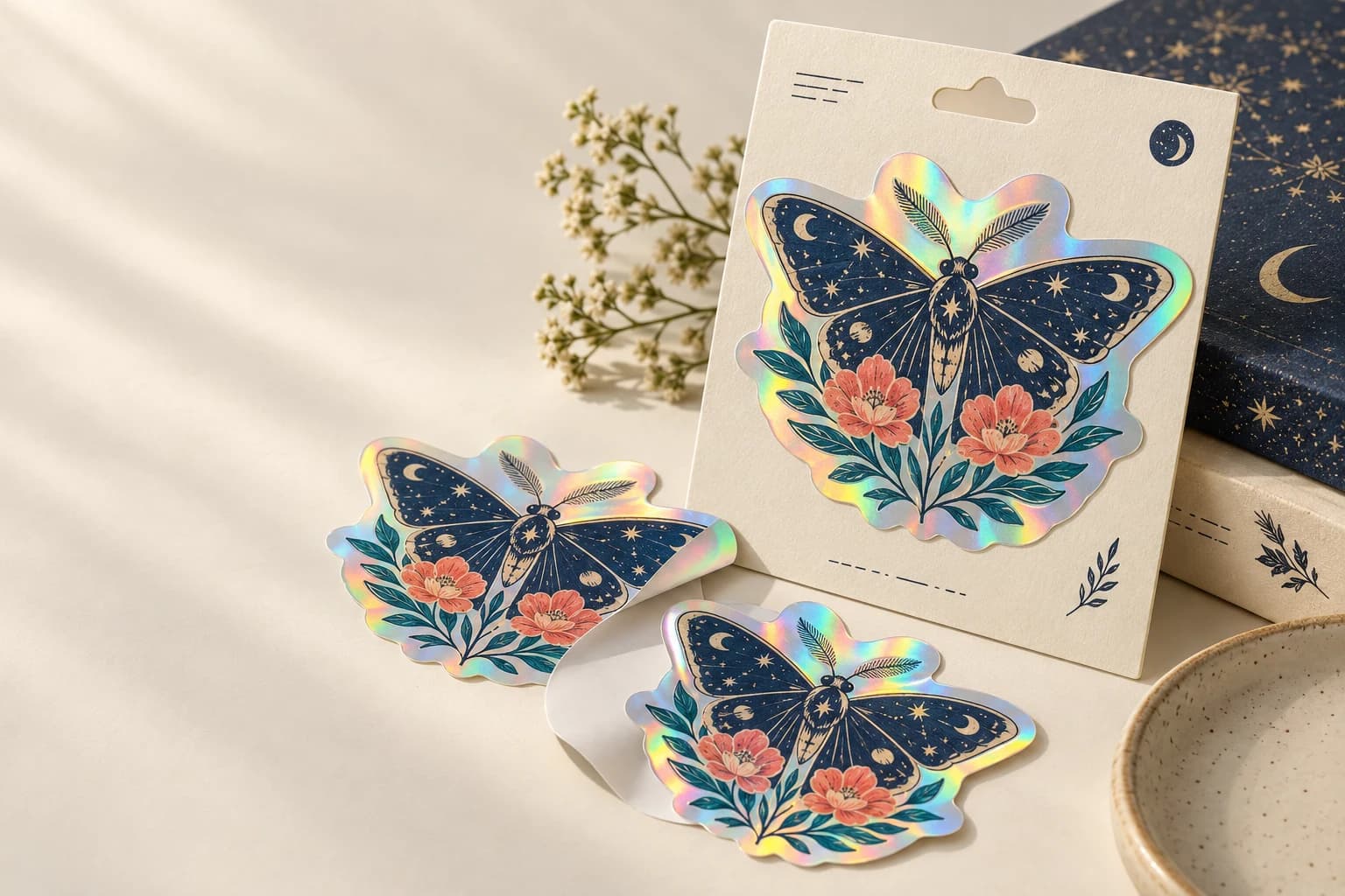 Illustrative Holographic Sticker: True reflective film sheen, crisp opaque printed zones and visible adhesive-label edge.