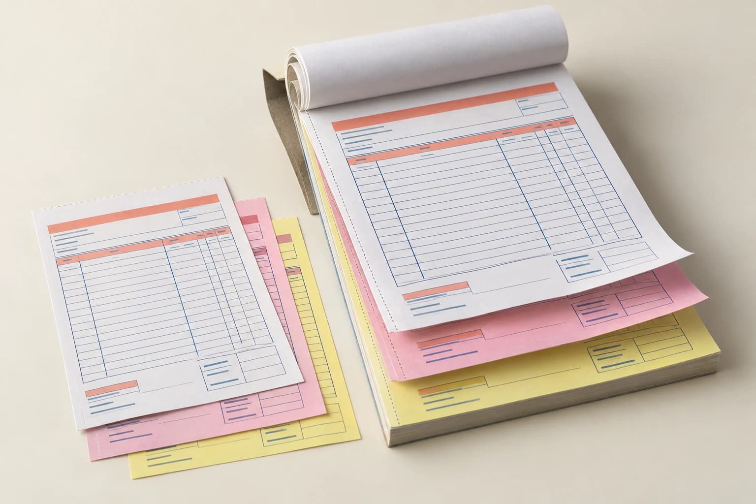 Illustrative Invoice Book: Multipart sheet sequence, retained copy, removal perforation and accurate aligned printed form grids.