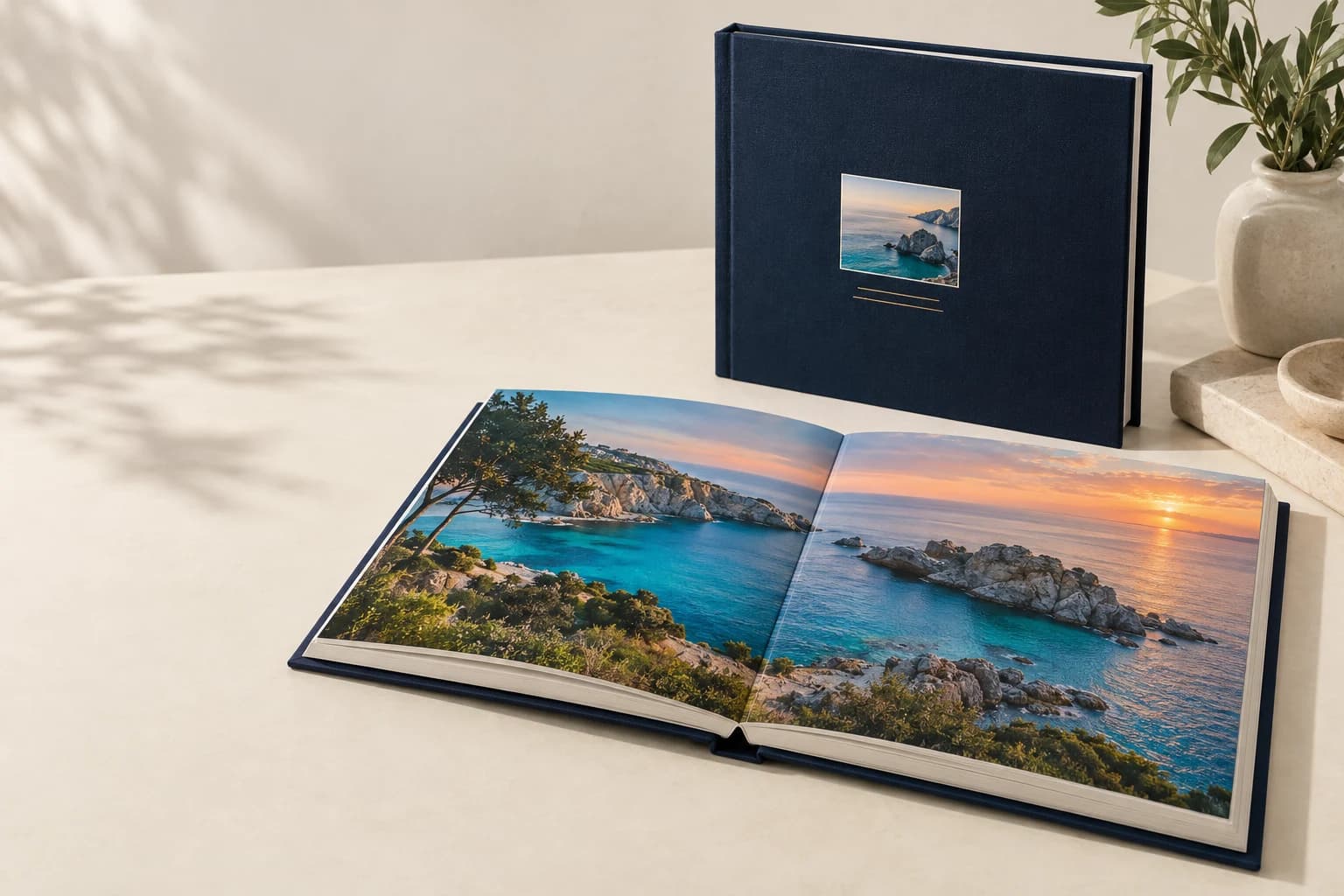 Illustrative Lay-Flat Book: Thick mounted leaves, shallow central hinge and a truly flat continuous photographic spread; no wire.