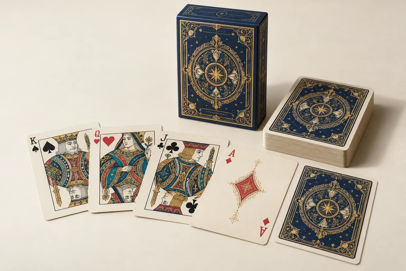 Illustrative Magic Card: Uniform rounded edges, identical symmetric backs and traditional printed suit faces; no holographic or lenticular film.
