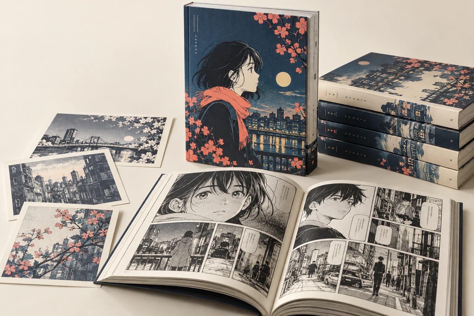 Illustrative Manga: Crisp black linework, fine halftone dots and properly aligned panel borders on real paper.