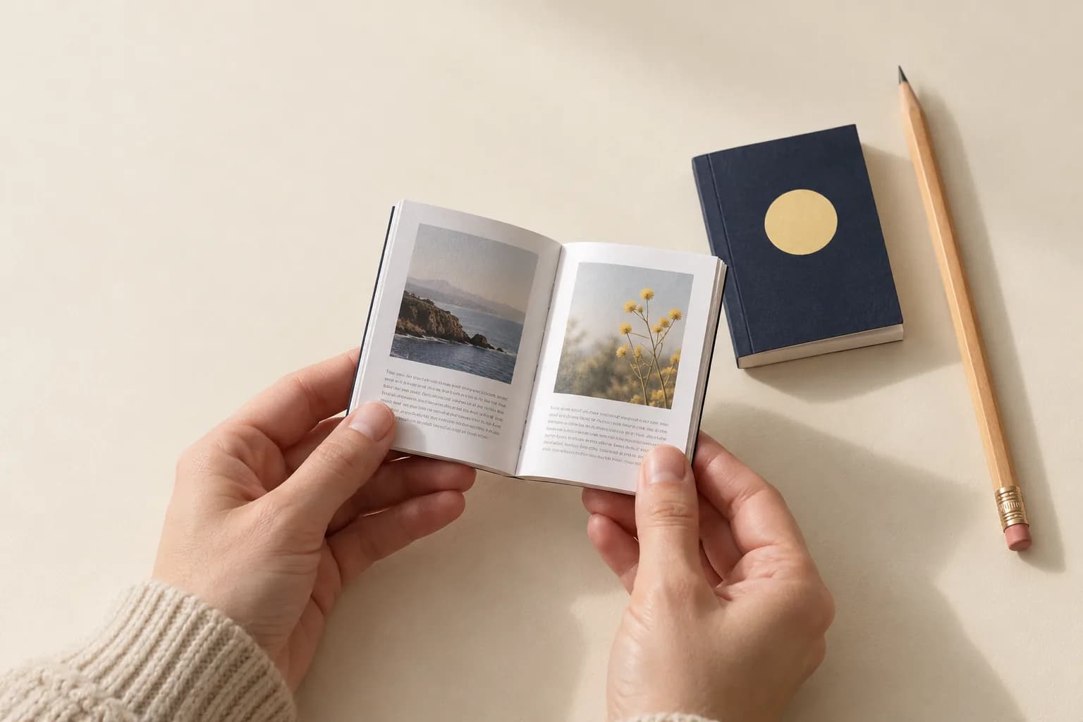 Two pocket-size printed books beside a pencil, with one miniature book open in a reader's hands