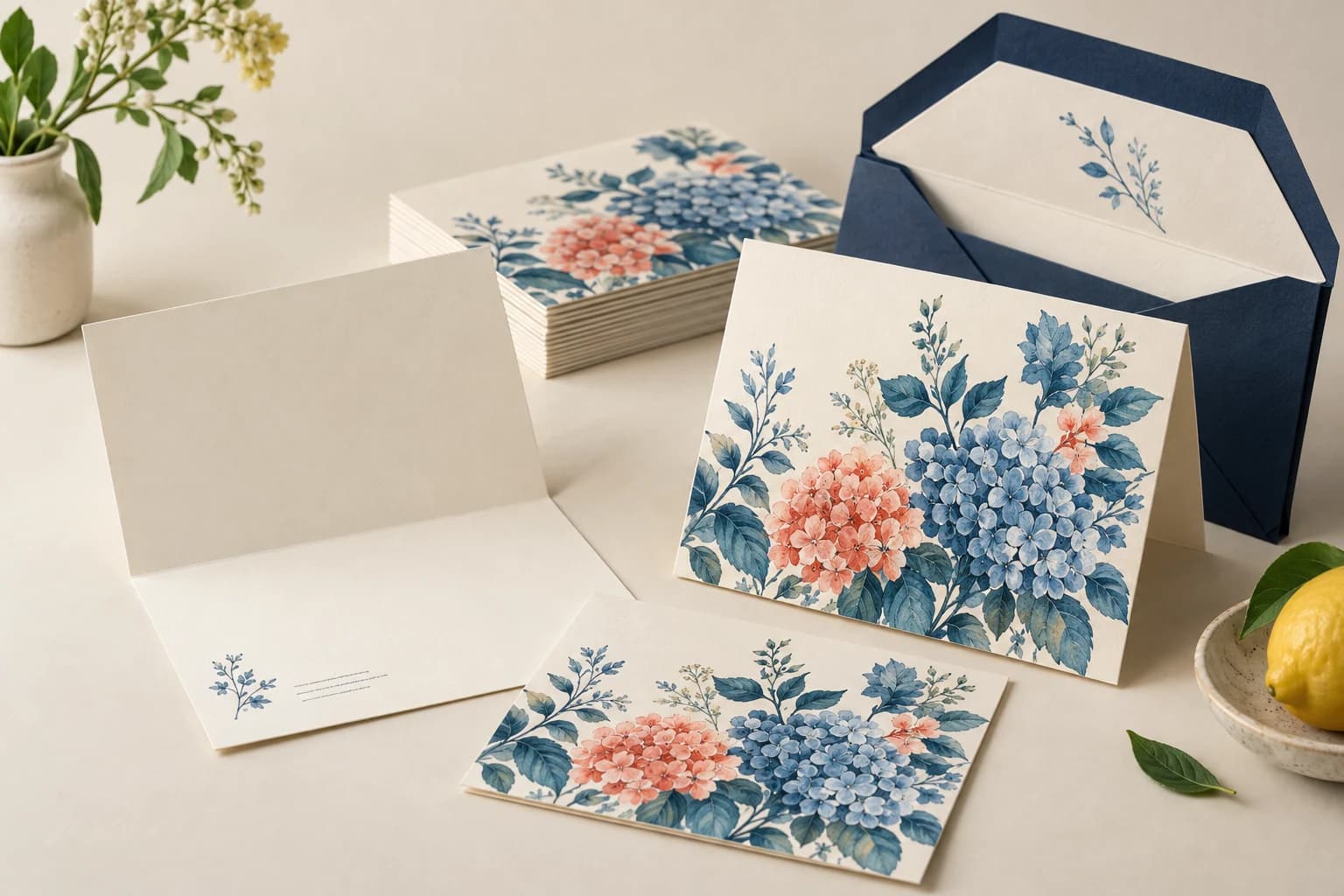 Illustrative Note Card: Clean scored fold, writable inner paper and envelope insertion clearance.