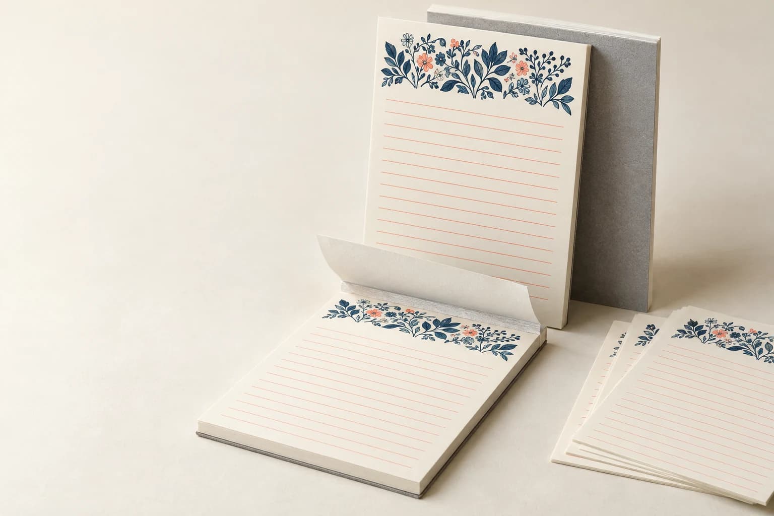 Illustrative Notepad: Actual glued edge, clean tear-off leaves, uncoated writing surface and supporting board.