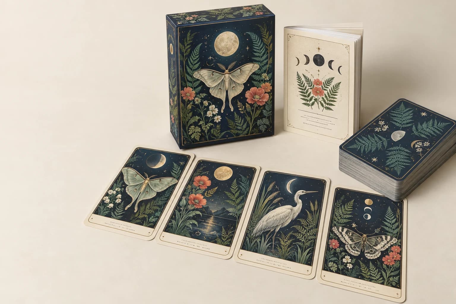 Illustrative Oracle Card: Distinct illustrated card faces, identical reverses, guidebook and the complete deck stack.