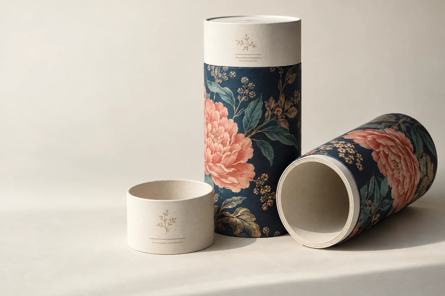 Illustrative Paper Tube Packaging: Visible circular cavity, layered paper wall, cap engagement and continuous printed curved wrap.