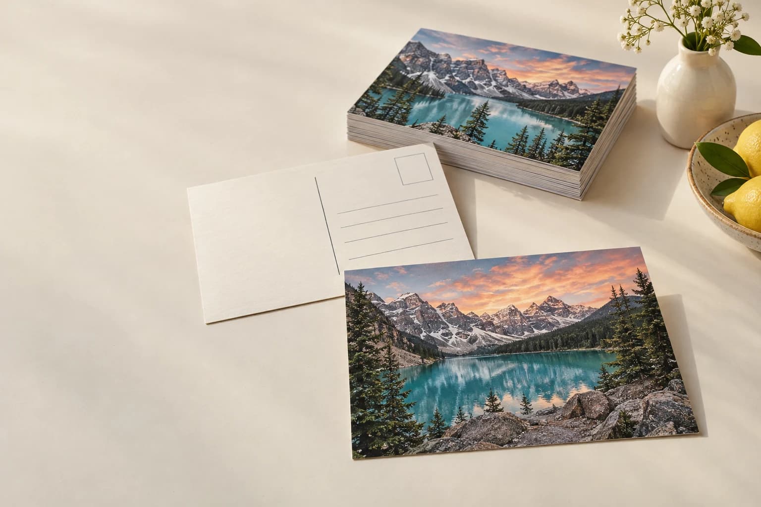 Illustrative Photo Card: Printed photographic shadow detail, restrained sheen, writable reverse and stacked card thickness.