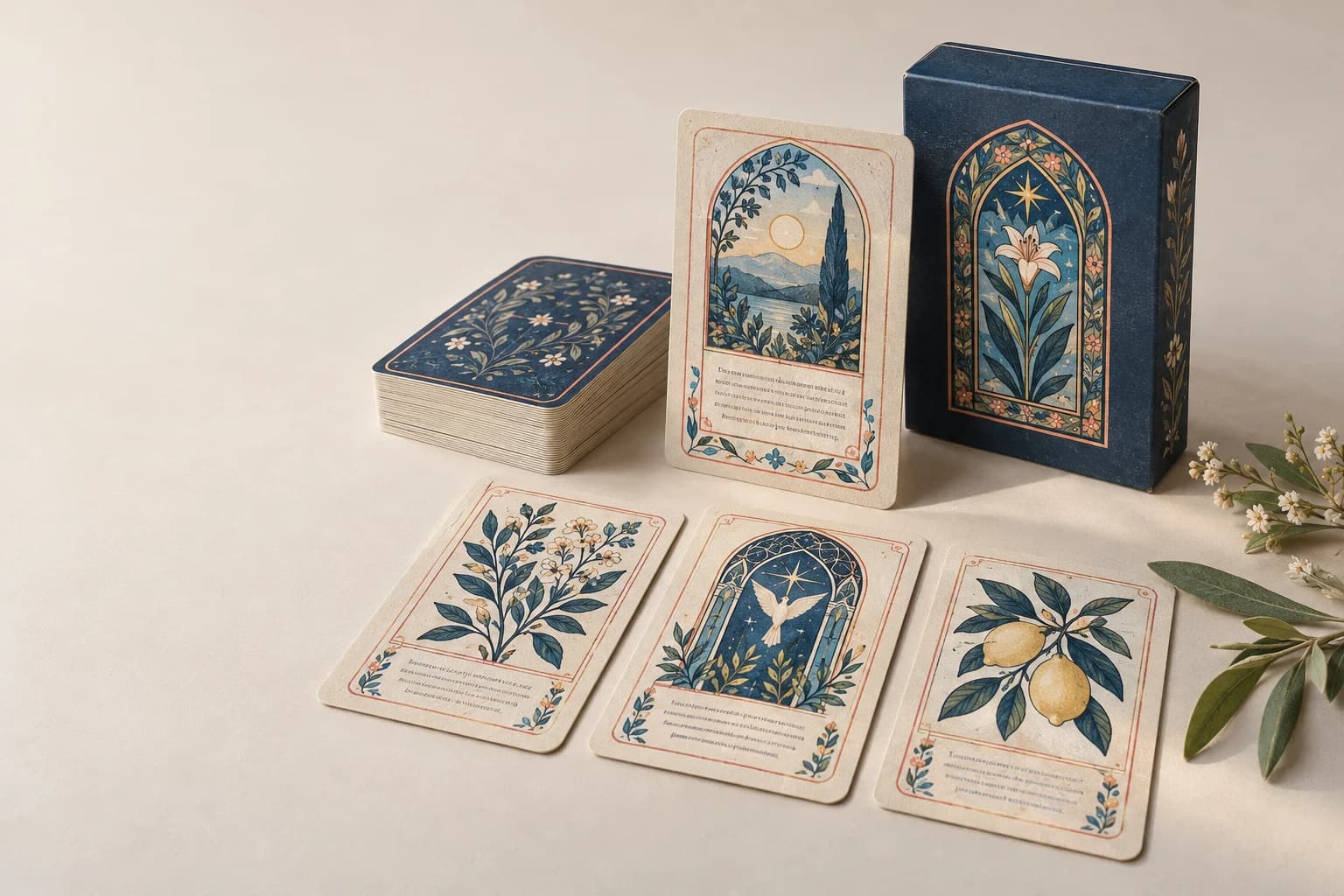 Illustrative Prayer Card: Clear small printed text areas, modest rounded corners and front/reverse pairing.