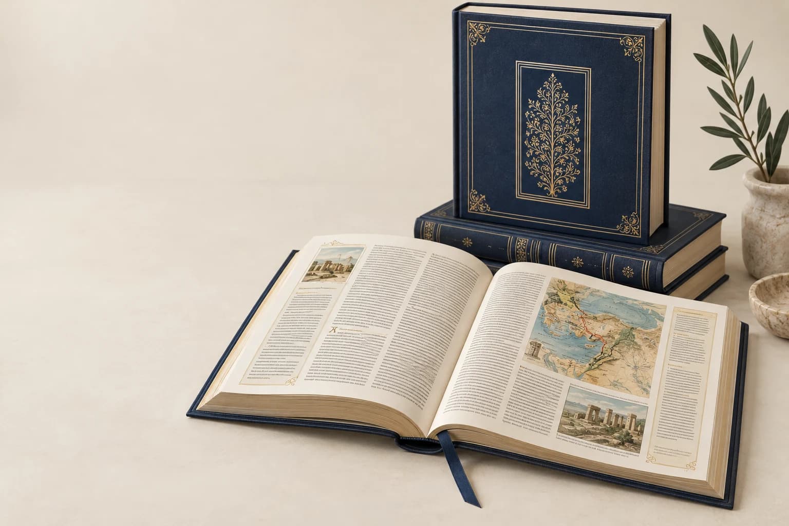 Illustrative Religious Book: Distinct text and commentary hierarchy, mapped illustration and bound gutter.