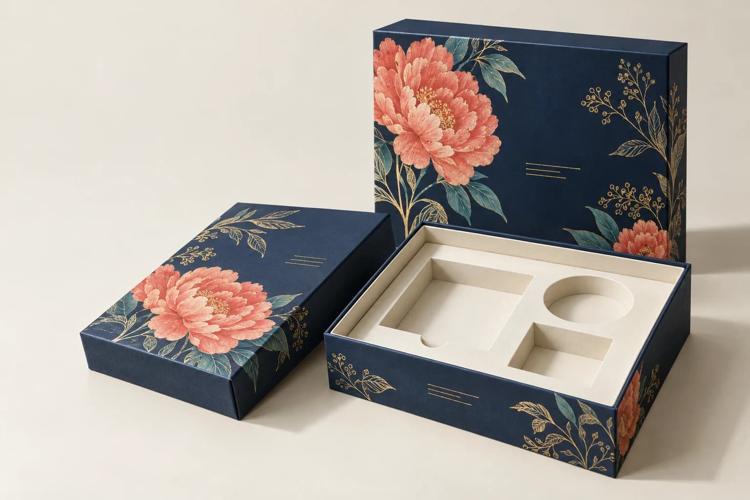 Illustrative Rigid Box: Rigid wall thickness, turned-in wrap corners, crisp printed flower detail and fitted insert cavities.
