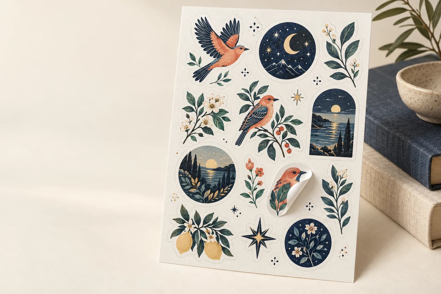 Illustrative Sticker Sheet: Multiple face-only cuts on one intact backing sheet with distinct spacing and handling margins.