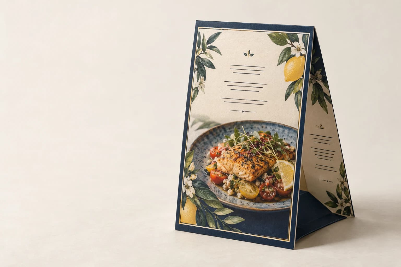 Illustrative Table Tent: Stable triangular footprint, two visible printed panels, scored top fold and locking base.