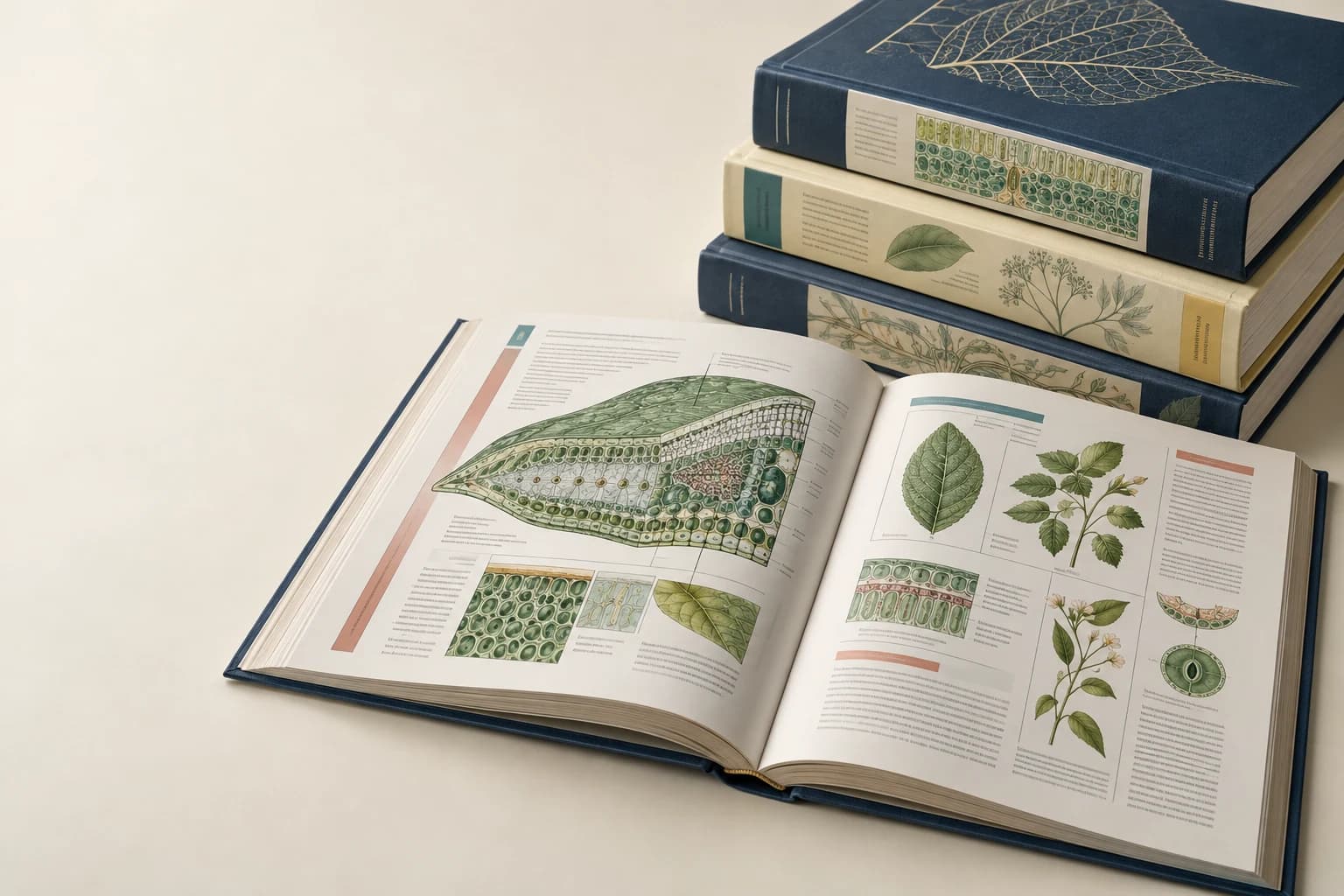 Illustrative Textbook: Sharp diagram lines, differentiated chapter colors, real page stack and binding.
