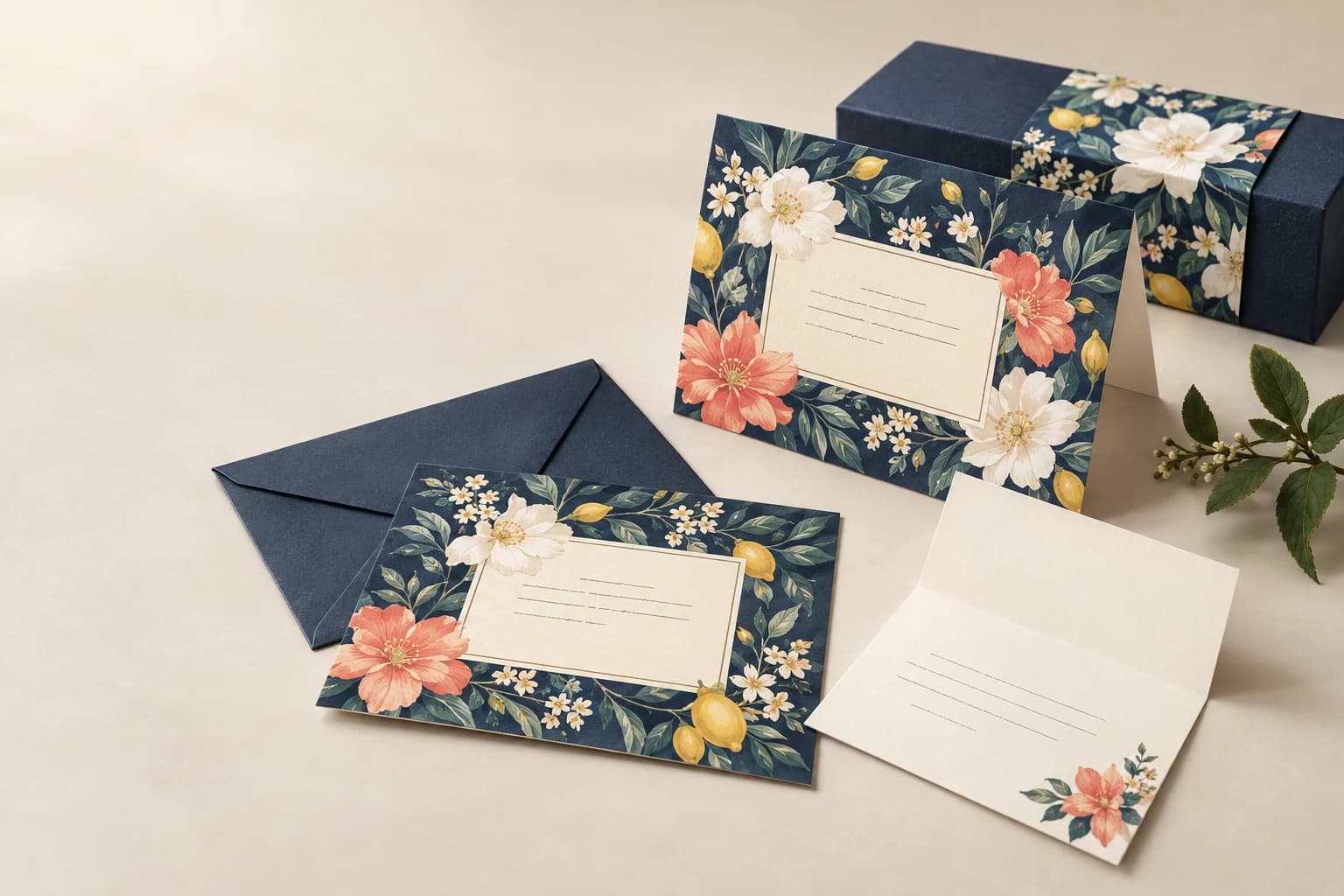 Illustrative Thank-You Card: High-detail printed flowers, writable reverse and difference between flat insert and folded card.