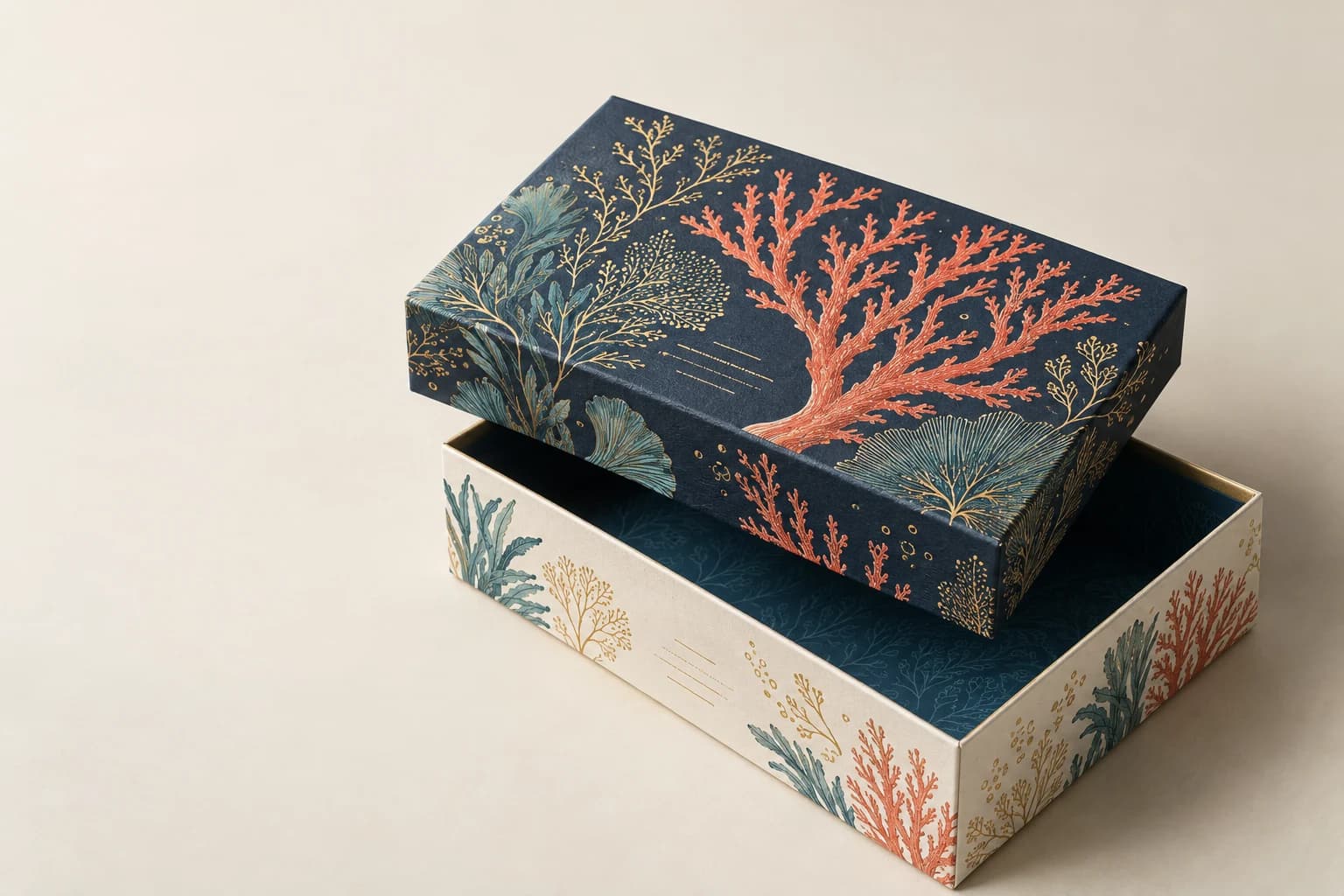 Illustrative Two-Piece Rigid Box: Clearly separate lid/base, controlled overlap depth, wrapped corners and print continuity.
