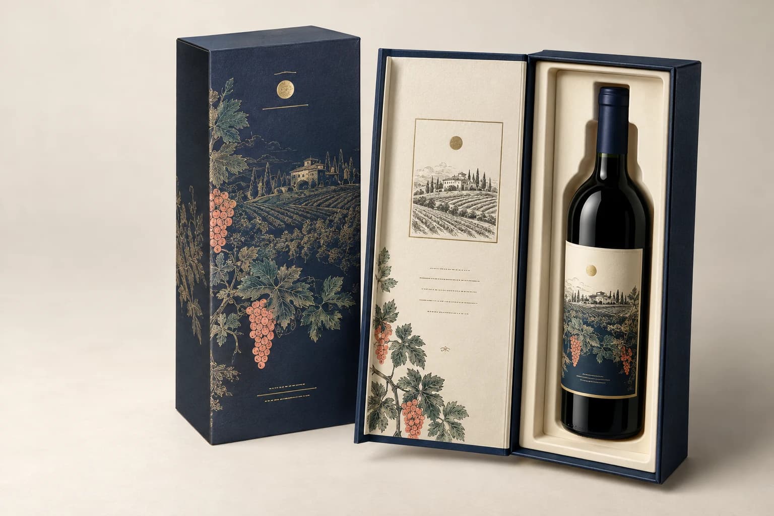Illustrative Wine Box: Precisely shaped bottle cavity, neck clearance, rigid walls and printed presentation wrap.