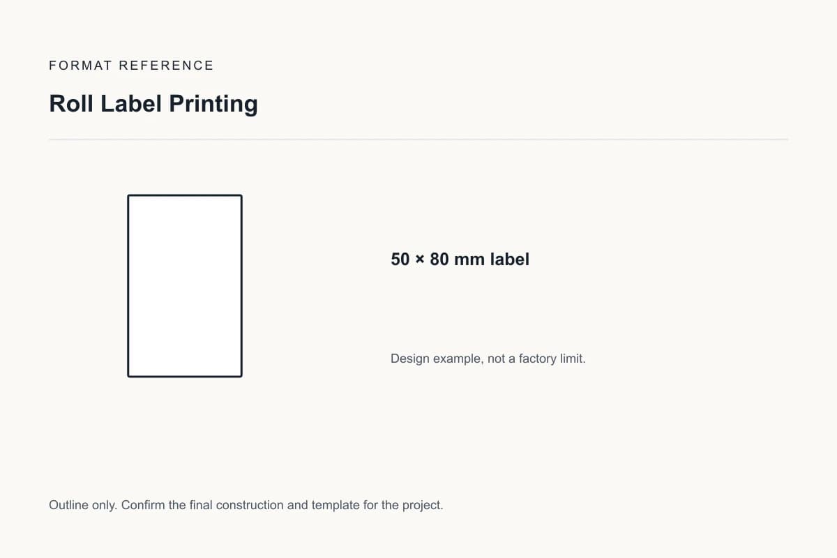 Reference format for roll label printing: 50 × 80 mm label; design example, not a production dieline