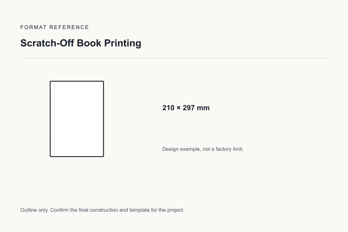 Reference format for scratch-off book printing: 210 × 297 mm; design example, not a production dieline