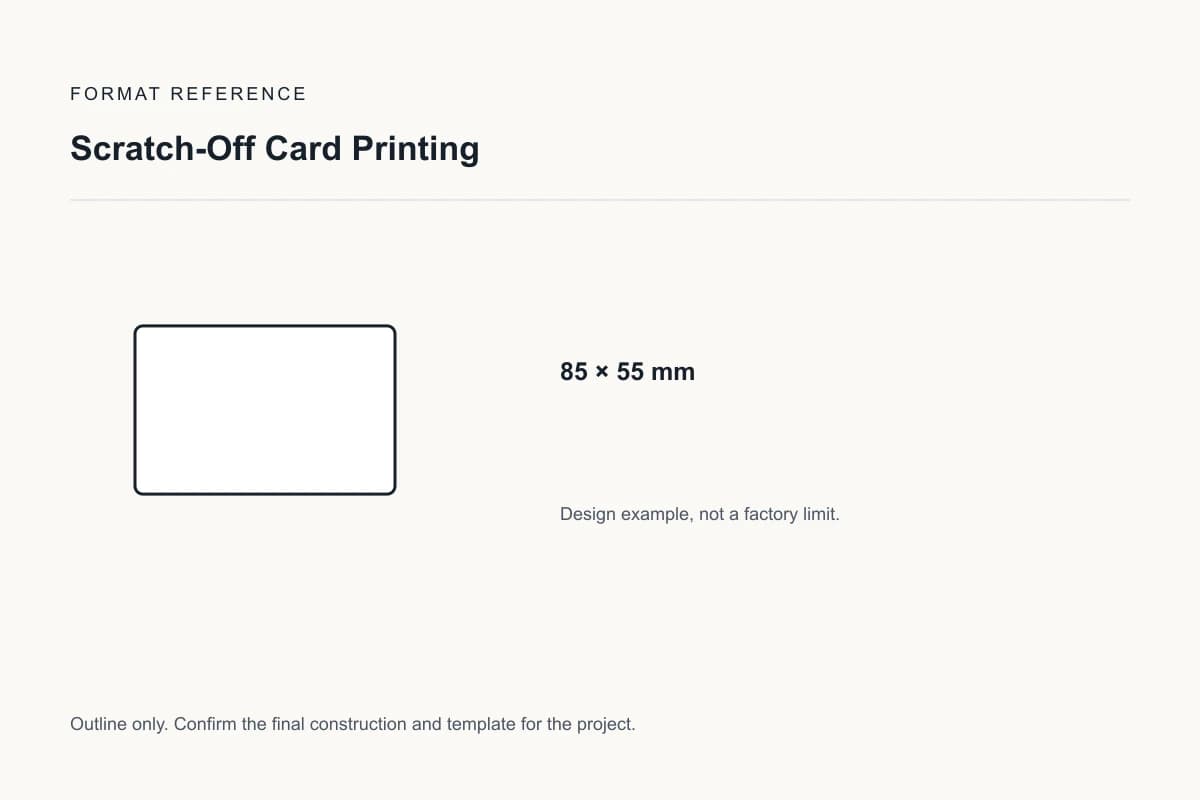 Reference format for scratch-off card printing: 85 × 55 mm; design example, not a production dieline