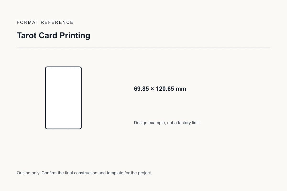 Reference format for tarot card printing: 69.85 × 120.65 mm; design example, not a production dieline
