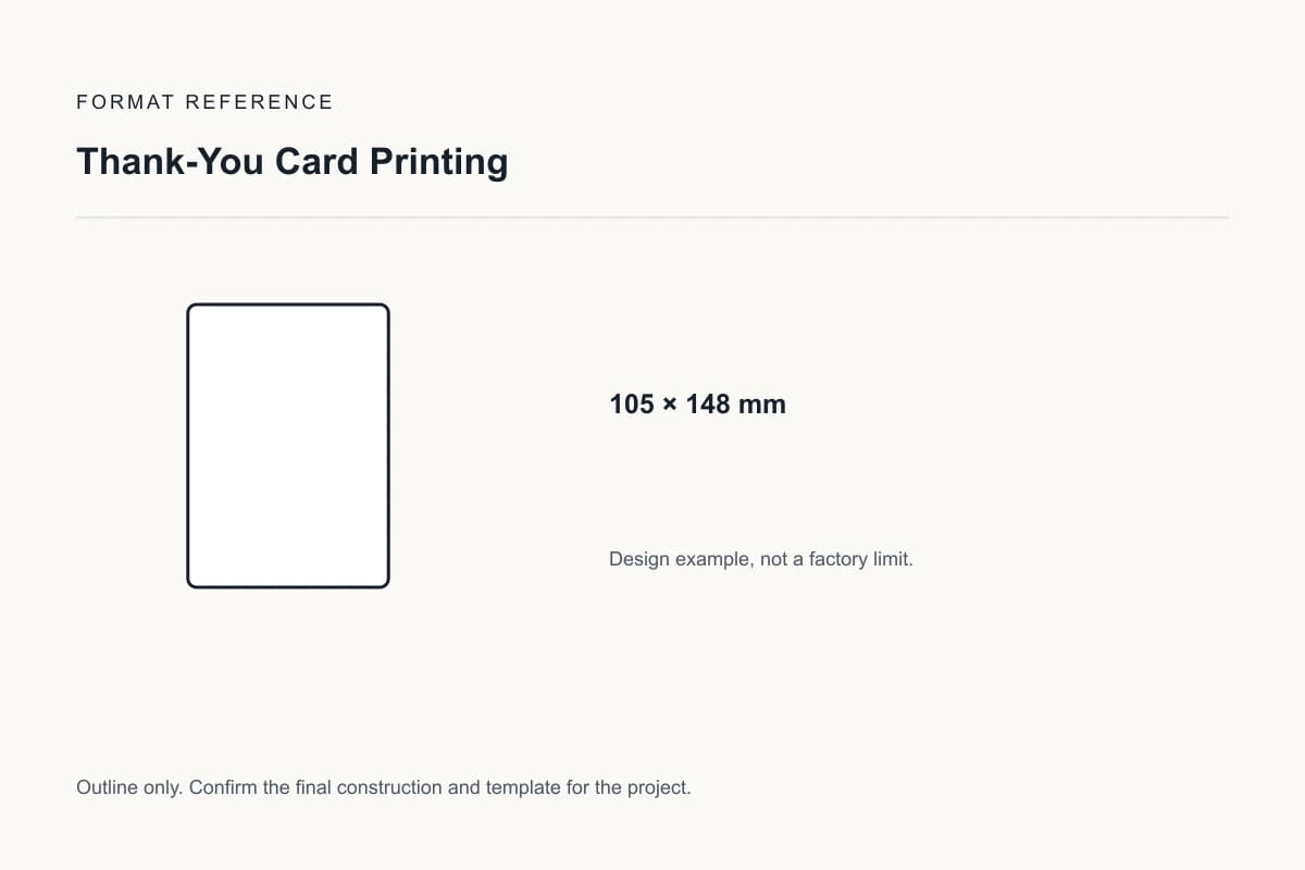 Reference format for thank-you card printing: 105 × 148 mm; design example, not a production dieline