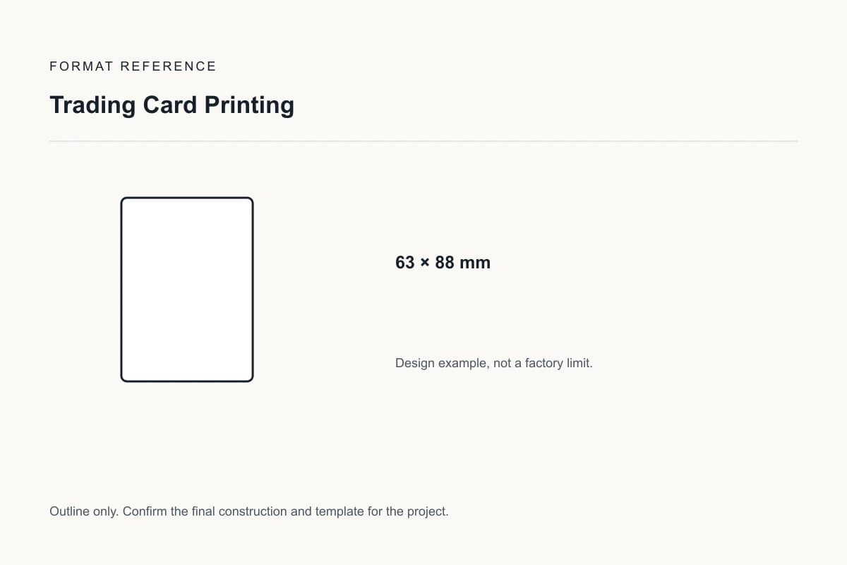 Reference format for trading card printing: 63 × 88 mm; design example, not a production dieline