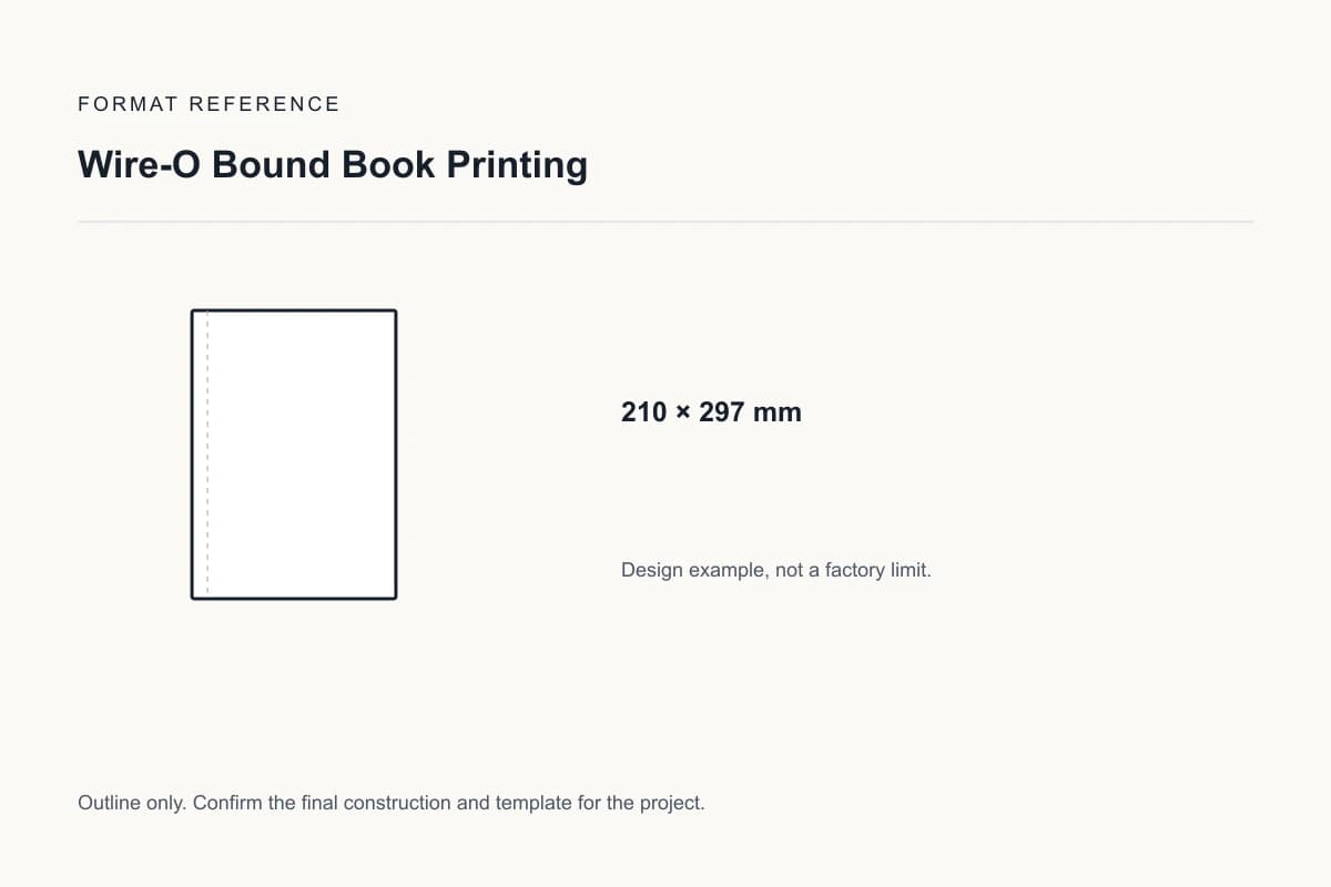 Reference format for wire-o bound book printing: 210 × 297 mm; design example, not a production dieline