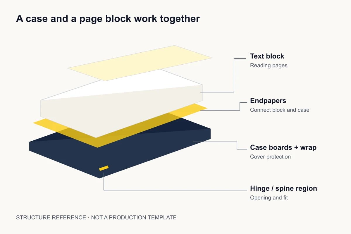 Exploded schematic of a hardcover case, hinge regions, endpapers and text block