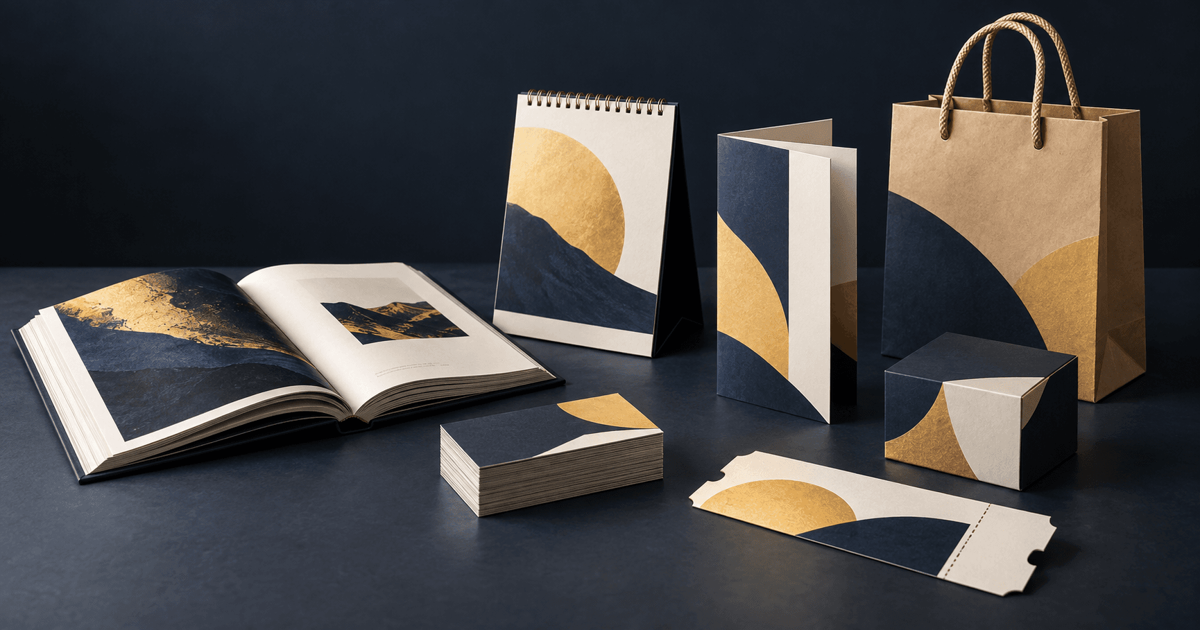 A curated selection of custom printed books, cards, calendars, bags, brochures, packaging, and tickets