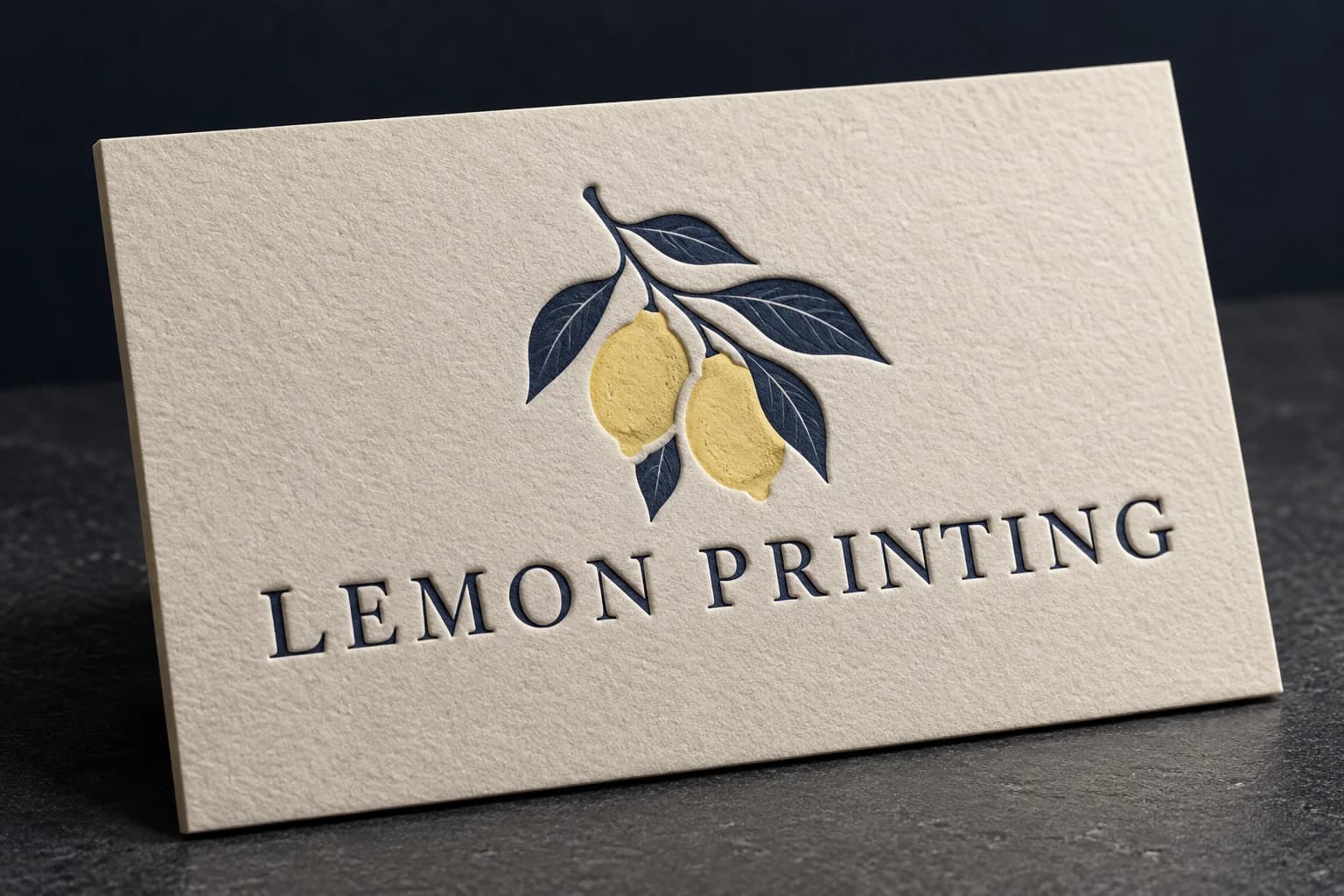 Ink-registered debossed Lemon Printing lettering on ivory card; AI-generated finish illustration for Lemon Printing