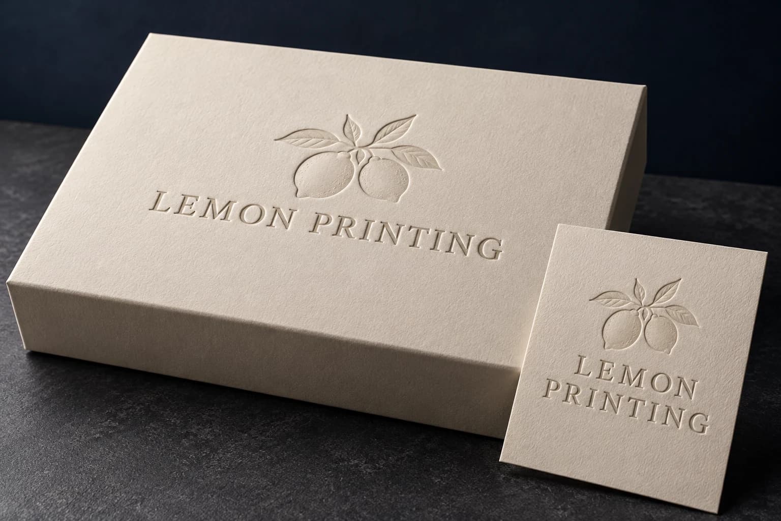 Debossed ivory packaging panel showing shallow realistic impressions; AI-generated finish illustration for Lemon Printing
