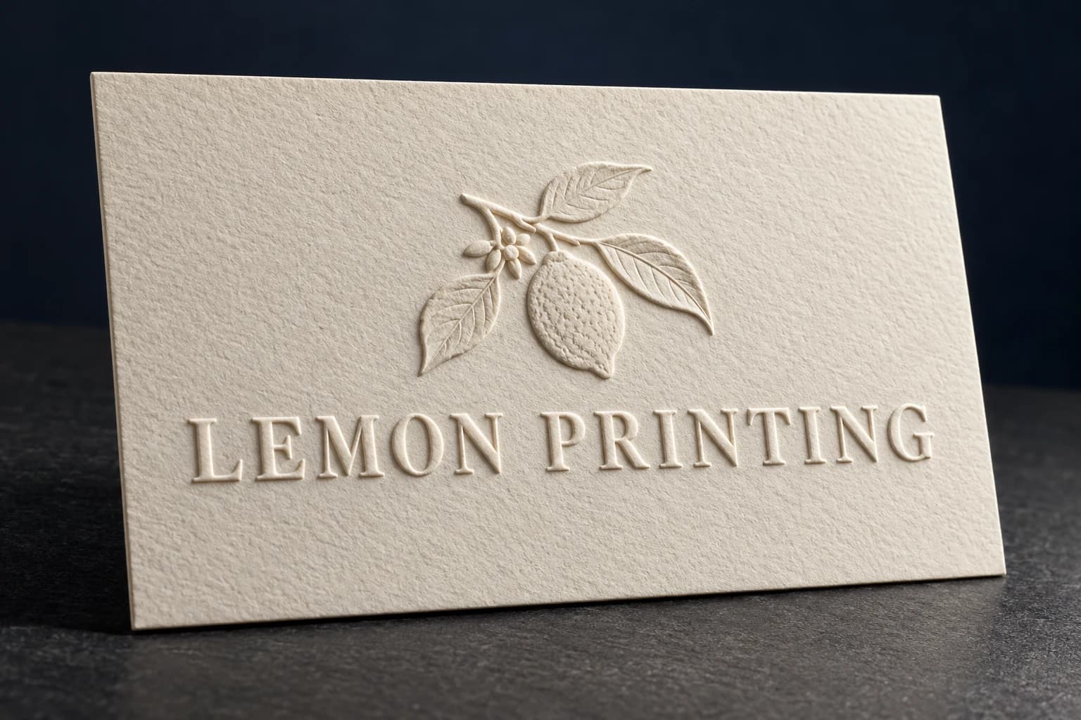 Blind-embossed raised Lemon Printing lettering on ivory paper; AI-generated finish illustration for Lemon Printing