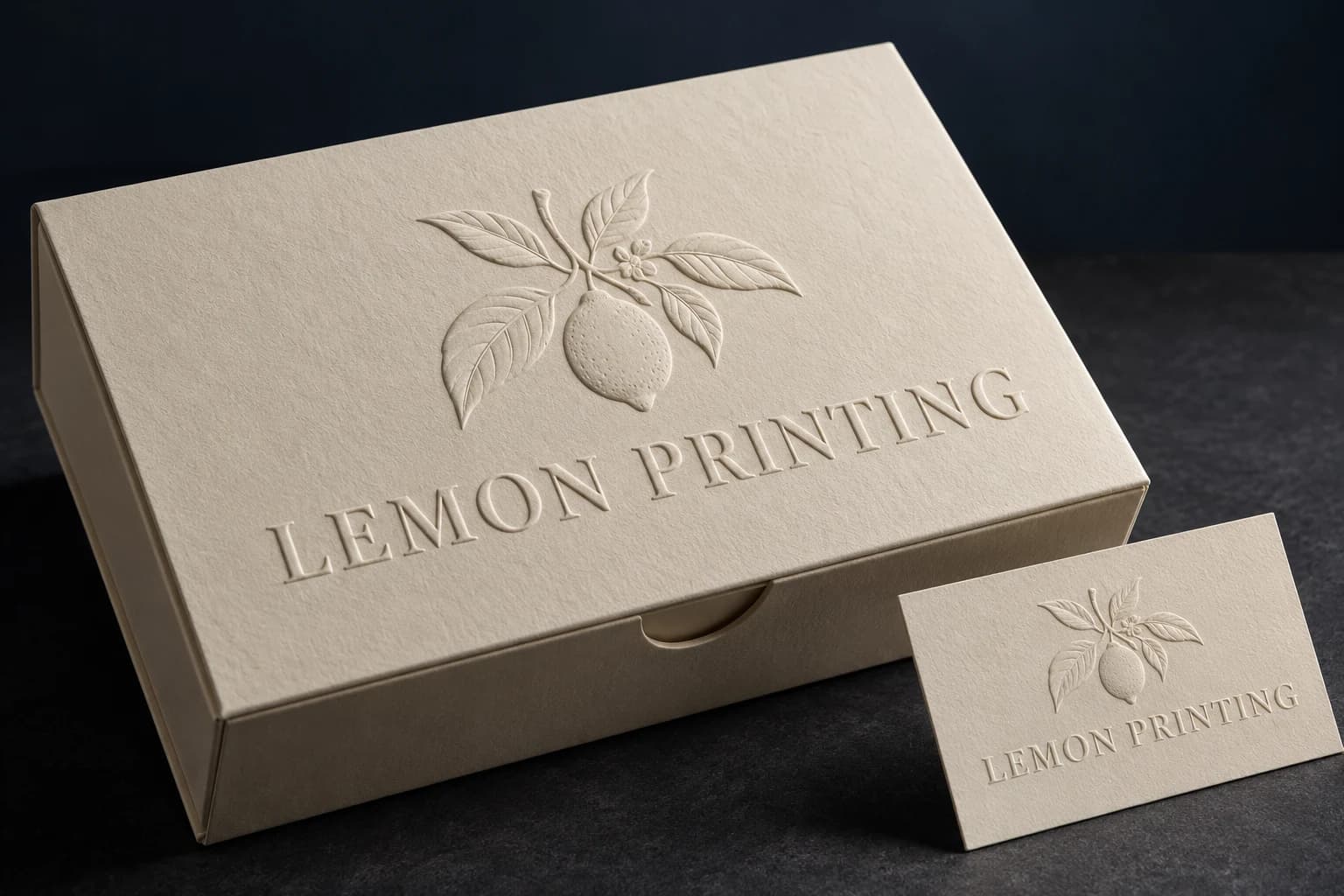 Embossed ivory packaging panel with visible raised relief; AI-generated finish illustration for Lemon Printing